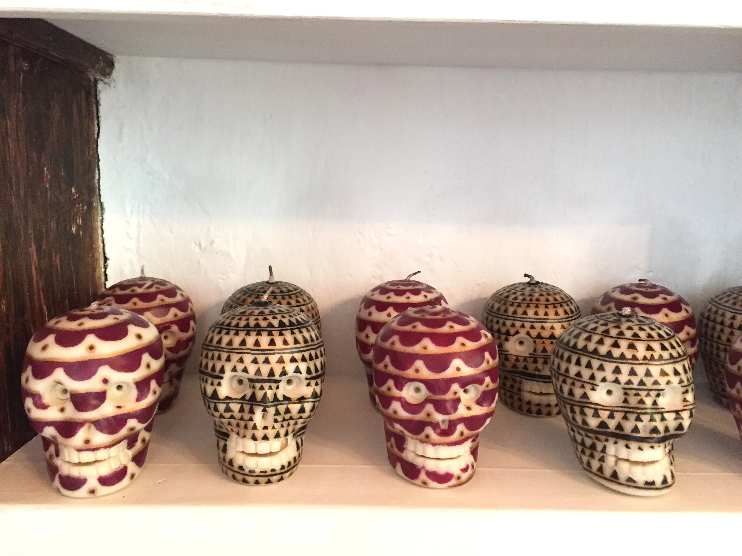 wax paraffin candle mexico artisan toluca hand dipped hand painted collaboration iconography aztec body painting puebla talavera pottery blue white floral burgundy pop art contemporary craft codex prehispanic mexchic