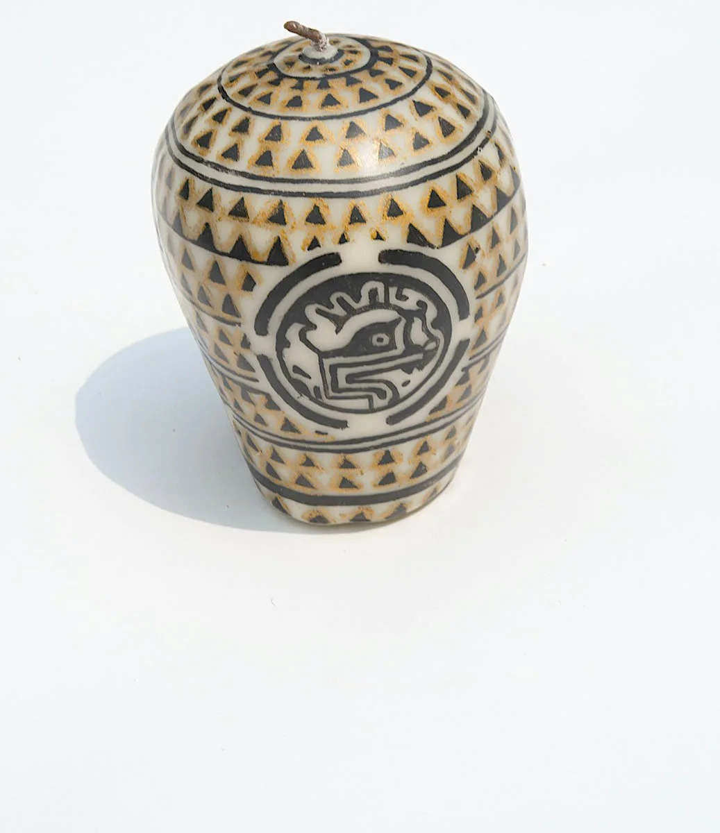 wax paraffin candle mexico artisan toluca hand dipped hand painted collaboration iconography aztec body painting puebla talavera pottery blue white floral burgundy pop art contemporary craft codex prehispanic mexchic