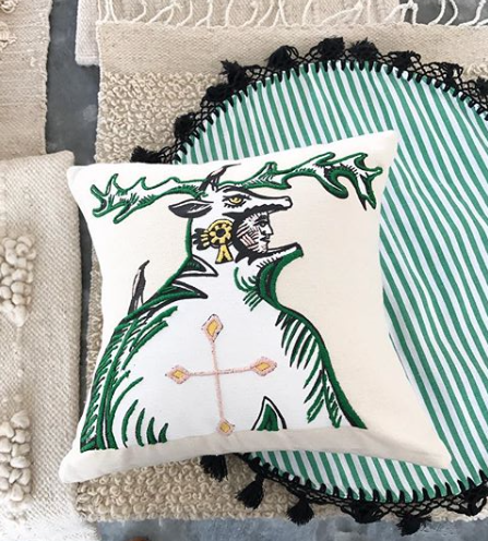 hand embroidered pillow throw decorative oaxaca mexico embroidery silk screen artist aztec miguel hernandez malinalco painter mexchic orange yellow pink purple blue green eagle deer lobo wolf iconography contemporary design designer  