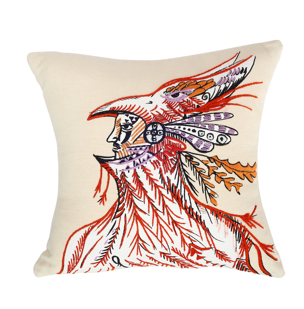 hand embroidered pillow throw decorative oaxaca mexico embroidery silk screen artist aztec miguel hernandez malinalco painter mexchic orange yellow pink purple blue green eagle deer lobo wolf iconography contemporary design designer  