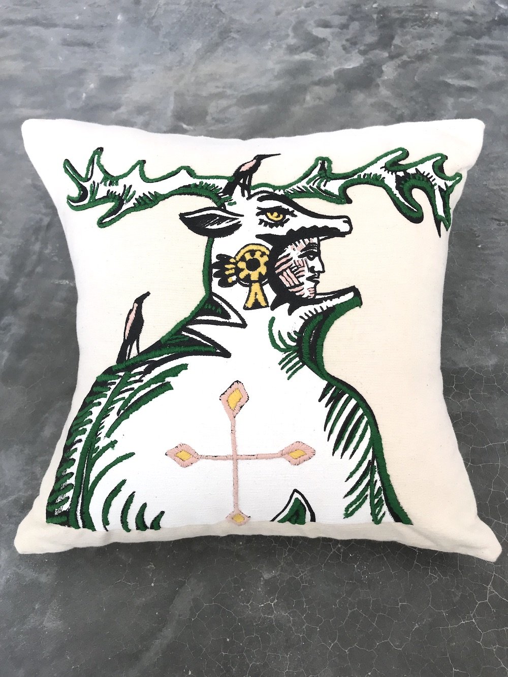 hand embroidered pillow throw decorative oaxaca mexico embroidery silk screen artist aztec miguel hernandez malinalco painter mexchic orange yellow pink purple blue green eagle deer lobo wolf iconography contemporary design designer  