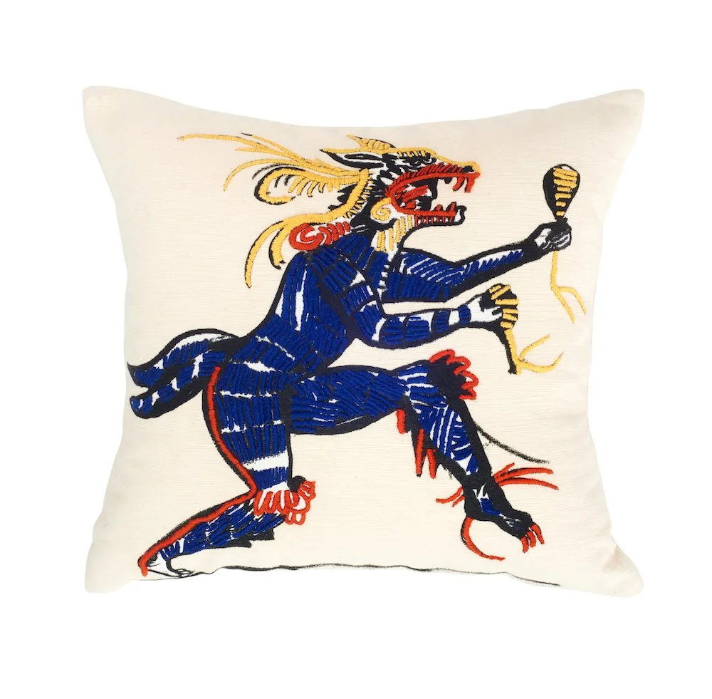 hand embroidered pillow throw decorative oaxaca mexico embroidery silk screen artist aztec miguel hernandez malinalco painter mexchic orange yellow pink purple blue green eagle deer lobo wolf iconography contemporary design designer  