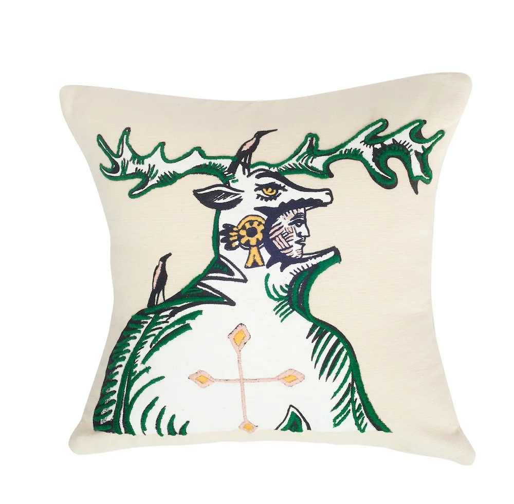 hand embroidered pillow throw decorative oaxaca mexico embroidery silk screen artist aztec miguel hernandez malinalco painter mexchic orange yellow pink purple blue green eagle deer lobo wolf iconography contemporary design designer  