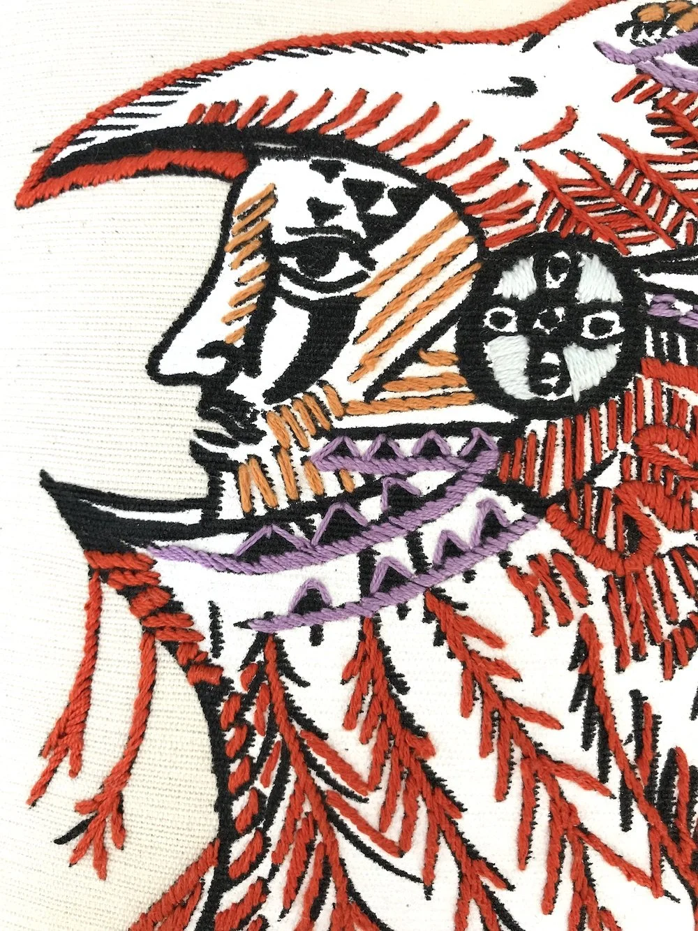hand embroidered pillow throw decorative oaxaca mexico embroidery silk screen artist aztec miguel hernandez malinalco painter mexchic orange yellow pink purple blue green eagle deer lobo wolf iconography contemporary design designer  