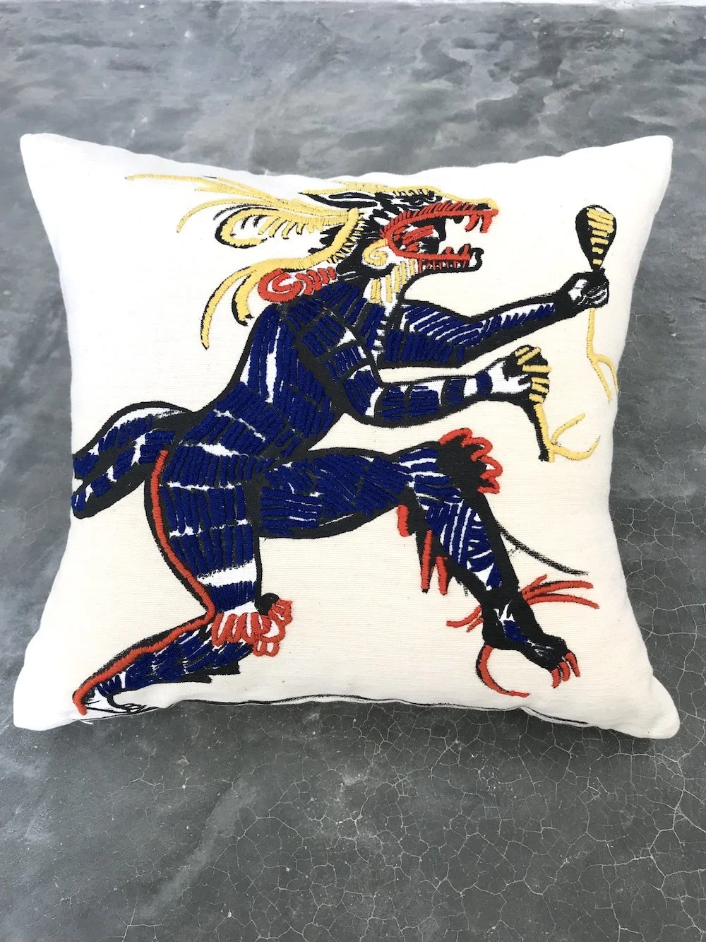 hand embroidered pillow throw decorative oaxaca mexico embroidery silk screen artist aztec miguel hernandez malinalco painter mexchic orange yellow pink purple blue green eagle deer lobo wolf iconography contemporary design designer  