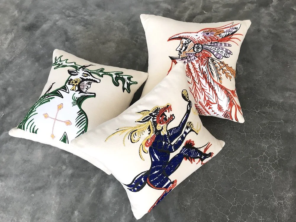 hand embroidered pillow throw decorative oaxaca mexico embroidery silk screen artist aztec miguel hernandez malinalco painter mexchic orange yellow pink purple blue green eagle deer lobo wolf iconography contemporary design designer  
