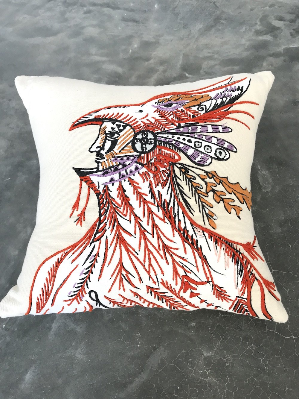hand embroidered pillow throw decorative oaxaca mexico embroidery silk screen artist aztec miguel hernandez malinalco painter mexchic orange yellow pink purple blue green eagle deer lobo wolf iconography contemporary design designer  