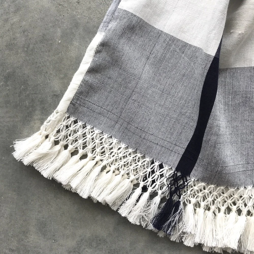 handwoven craft cotton embroidery macrame fringe rebozo shawl mexico mexican oaxaca chiapas toluca tenancingo estado de mexico highend highfashion moda textiles artisan artisanal natural dyes botanical dyes blue black plaid check blouse poncho top sh