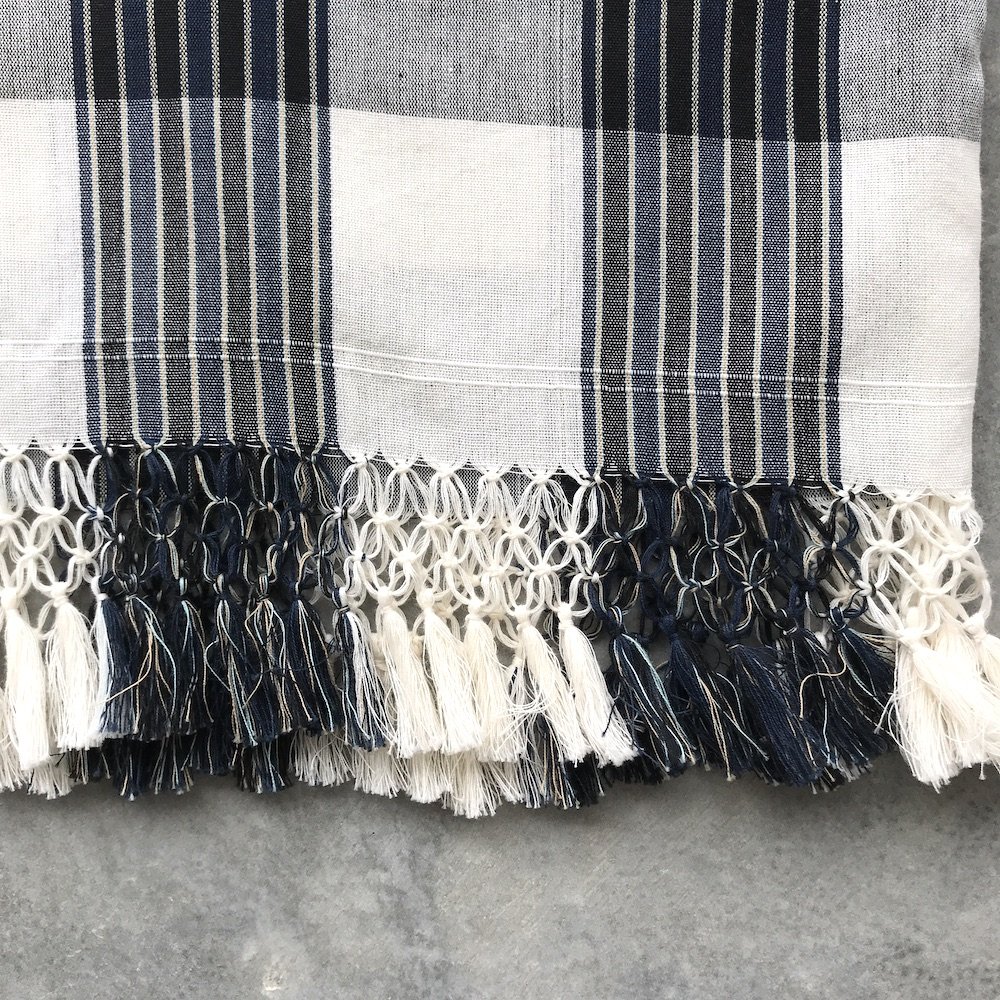 handwoven craft cotton embroidery macrame fringe rebozo shawl mexico mexican oaxaca chiapas toluca tenancingo estado de mexico highend highfashion moda textiles artisan artisanal natural dyes botanical dyes blue black plaid check blouse poncho top sh