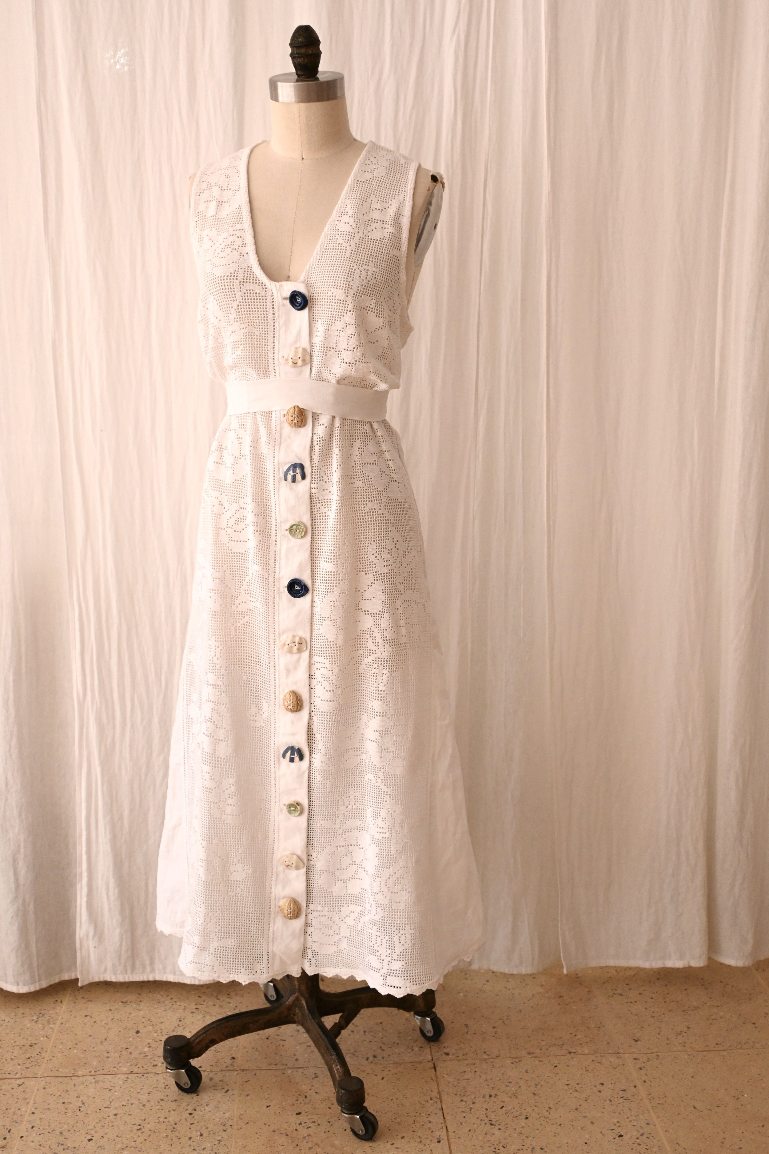 Lucia Dress Made with Antique hand Crochet Cotton Textile and Ceramic Buttons