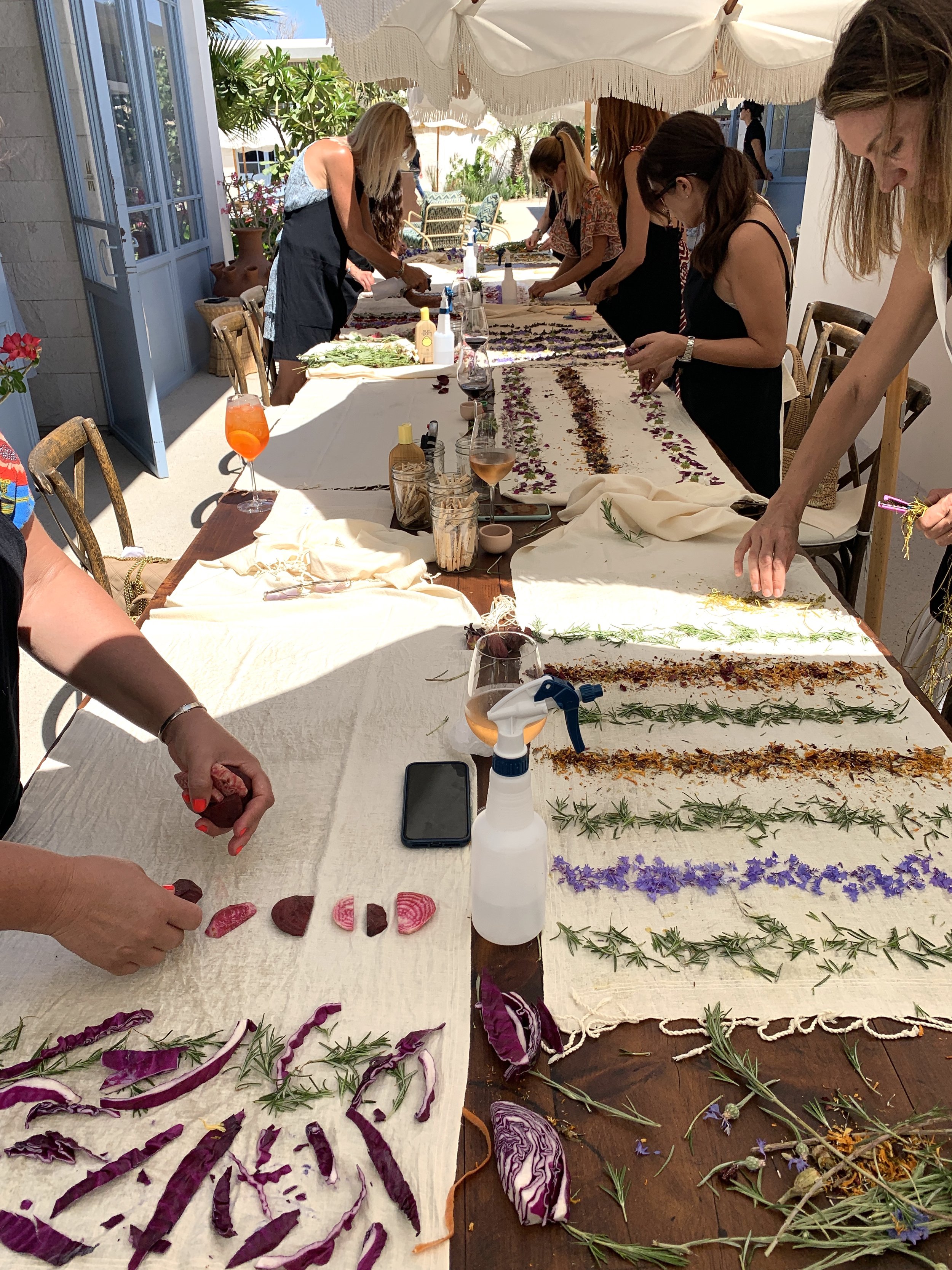 botanical printing class for groups, luxury contemporary art, silk scarves making with an artist