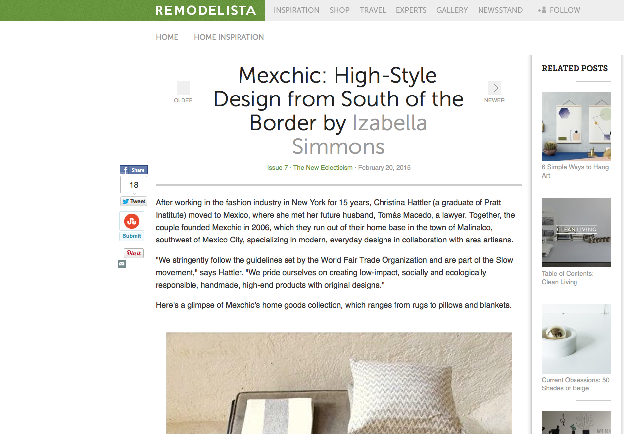 Screenshot of a webpage featuring an article titled 'Mexhic: High-Style Design from South of the Border by Izabella Simmons' on Remodelista. The page includes social media sharing buttons, related posts on interior design, and a photo showing part of
