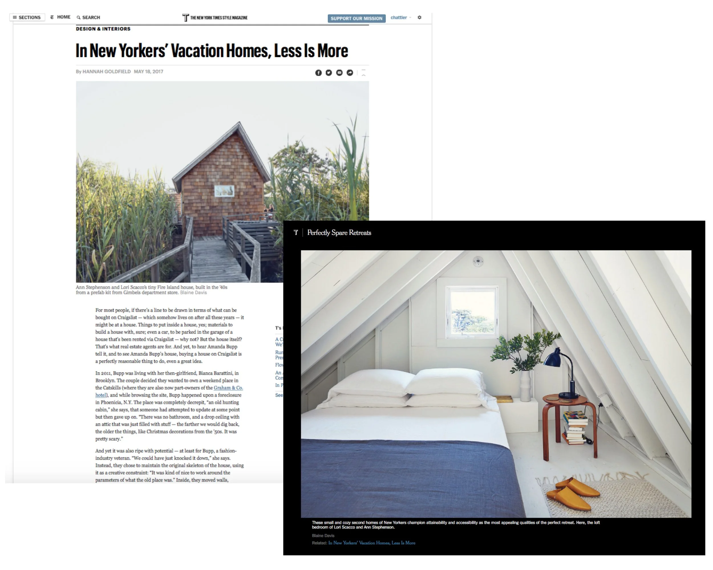 The image shows a screenshot of a website article titled "In New Yorkers' Vacation Homes, Less Is More" from The New York Times Style Magazine. The webpage features a photo of a small, rustic house surrounded by greenery and a wooden walkway, with a 