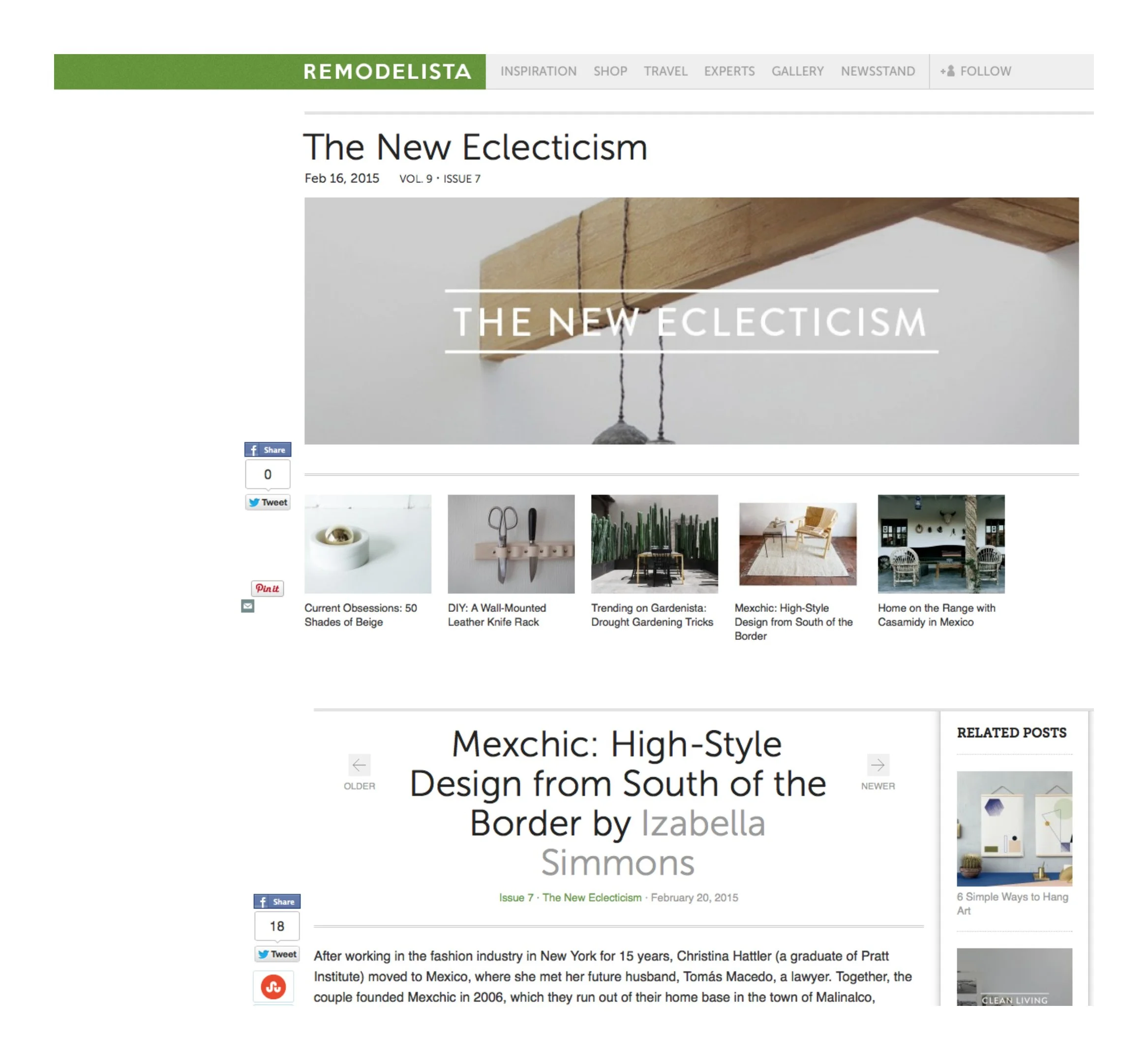 Screenshot of an online magazine article titled 'The New Eclecticism' from Remodelista, dated February 16, 2015. The article includes images of interior design elements and lifestyles with a prominent wooden beam in the top image.