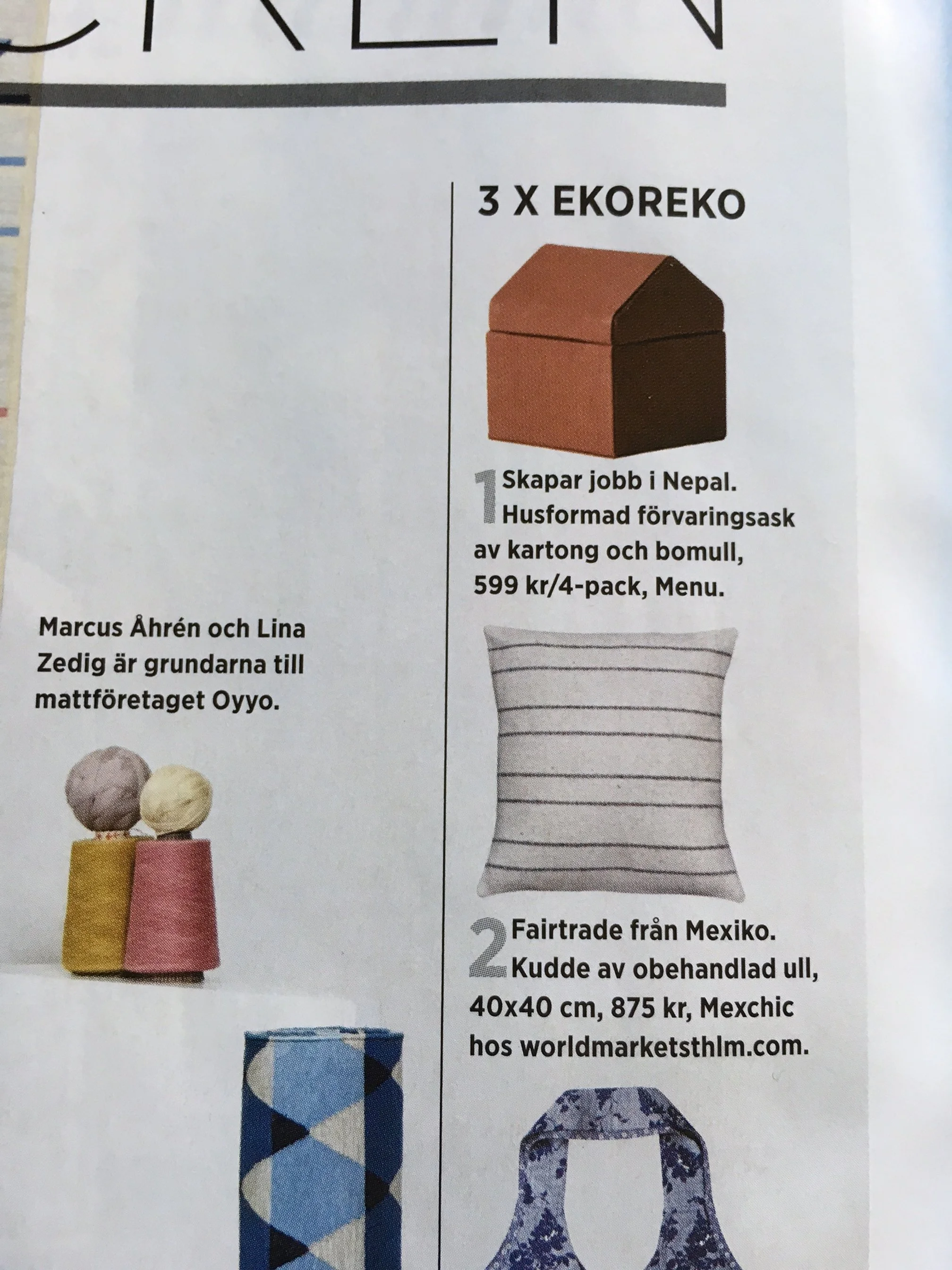 A decorative storage bag made of cardboard and cotton, shaped like a house, priced at 599 Swedish Krona for a pack of four. It is described as being suitable for storing work and Nepal.