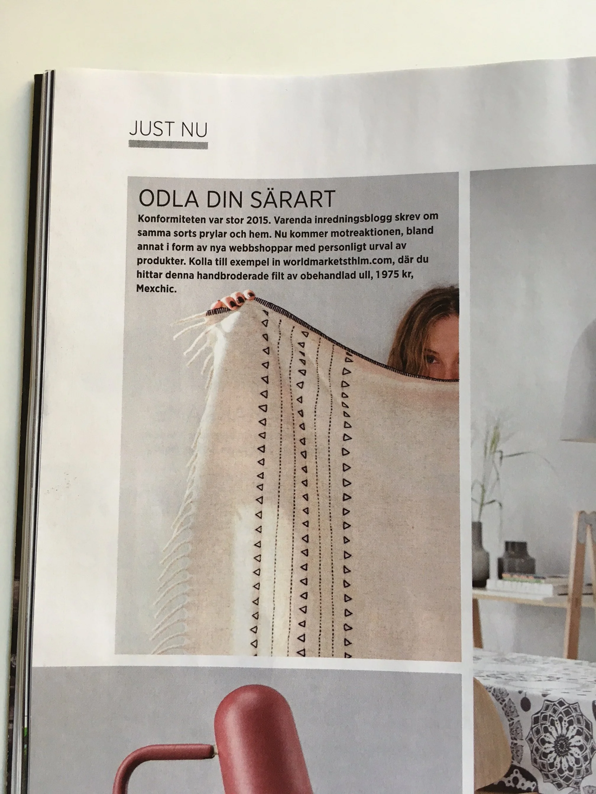 A magazine page with a headline in Swedish about planting a cactus, featuring a partial image of a person holding a cactus and a background with modern decor.