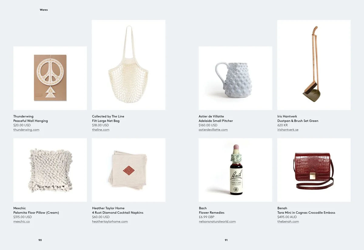 A grid of eight product images with descriptions and prices, including wall hanging, net bag, pitcher, cleaning broom, decorative pillow, cocktail napkins, Bach flower remedy, and a red crocodile-embossed handbag.