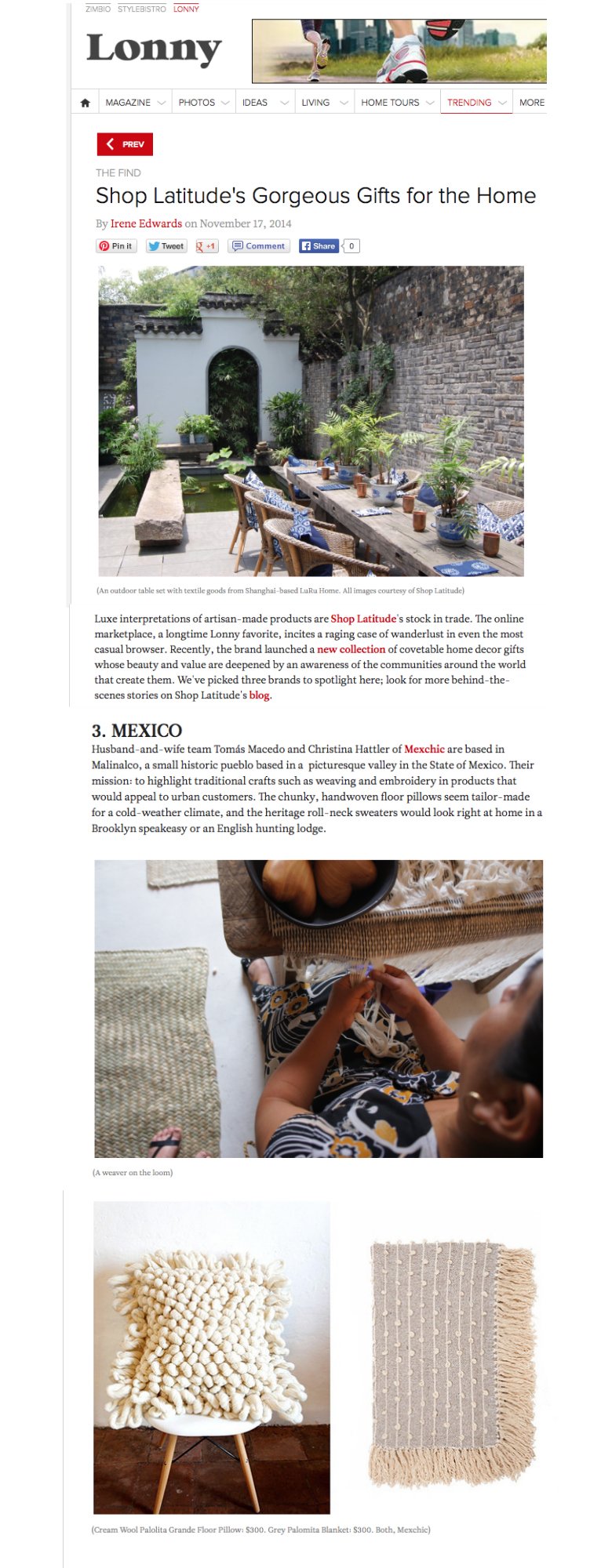 Screenshots of a webpage titled 'Shop Latitude's Gorgeous Gifts for the Home' featuring images of home decor and textiles, including an outdoor table with potted plants, a child weaving, a wool pillow, and a blanket.