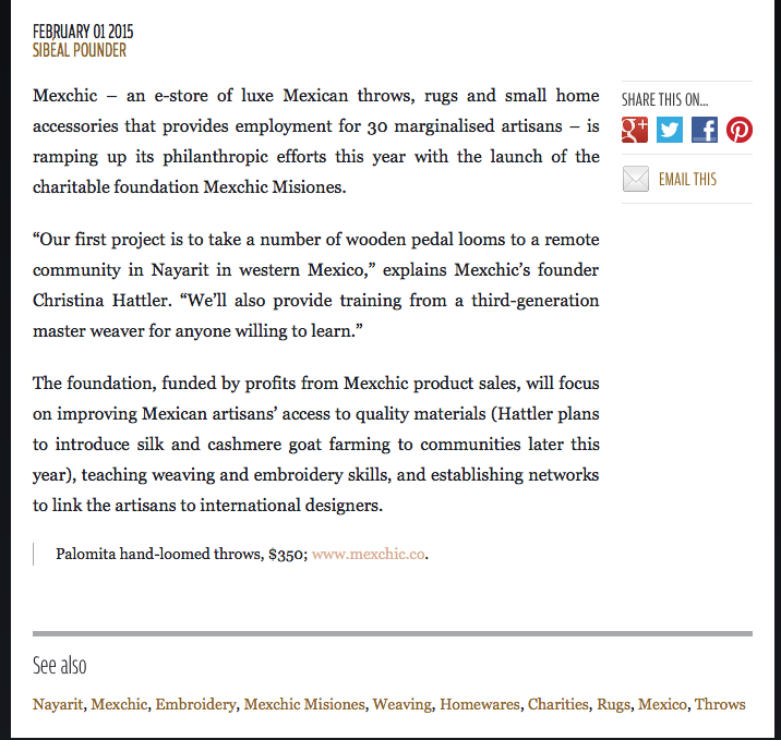 Photograph of a website article about MexchiX, an e-store offering Mexican throws, rugs, small home accessories, and artisan training programs, with social media sharing options on the side.