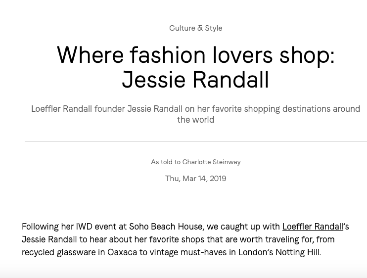 Title page of an article titled "Where fashion lovers shop: Jessie Randall," featuring a subheading about her favorite shopping destinations around the world, dated March 14, 2019, and mentioning her IWD event at Soho Beach House.