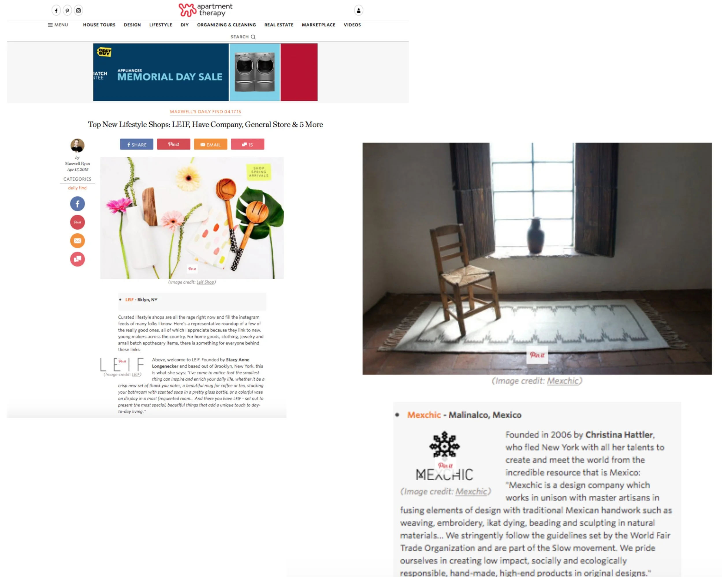 A screenshot of a webpage with various sections. The left side shows a portion of an article about lifestyle shops, with colorful flowers, wooden utensils, and green leaves. The right side displays a room with a large window, dark curtains, a wooden 