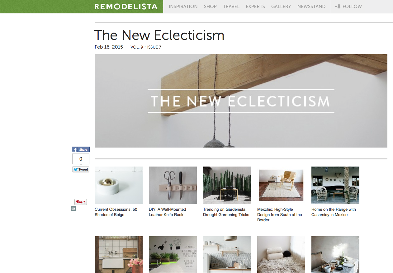 Screenshot of Remodelista website with article titled 'The New Eclecticism' dated February 16, 2015. The page features a main image of wooden beams and hanging cords, with various smaller images of home decor and DIY projects below.