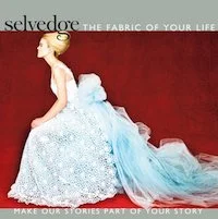 A woman in a white wedding dress with a long train, sitting on a sofa against a red background, with text overlay promoting fabric for your life.