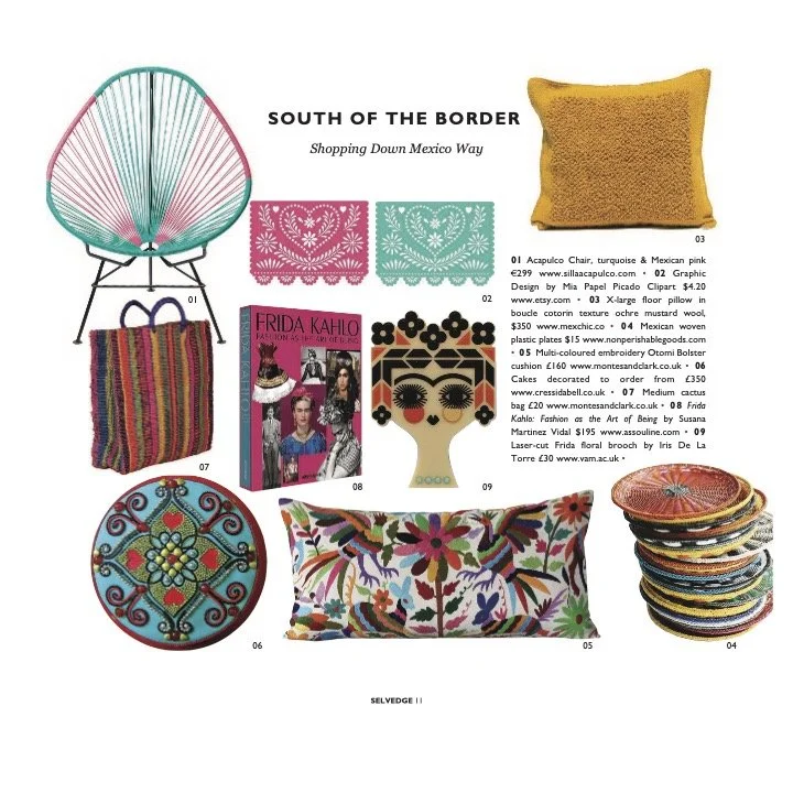 Decorative home accessories including a turquoise and Mexican pink chair, a colorful striped bag, embroidered cushions, patterned wall hangings, a Mexican wovens plates, a Frida Kahlo book, decorative pillows, embroidered cushion, a floral brooch, an