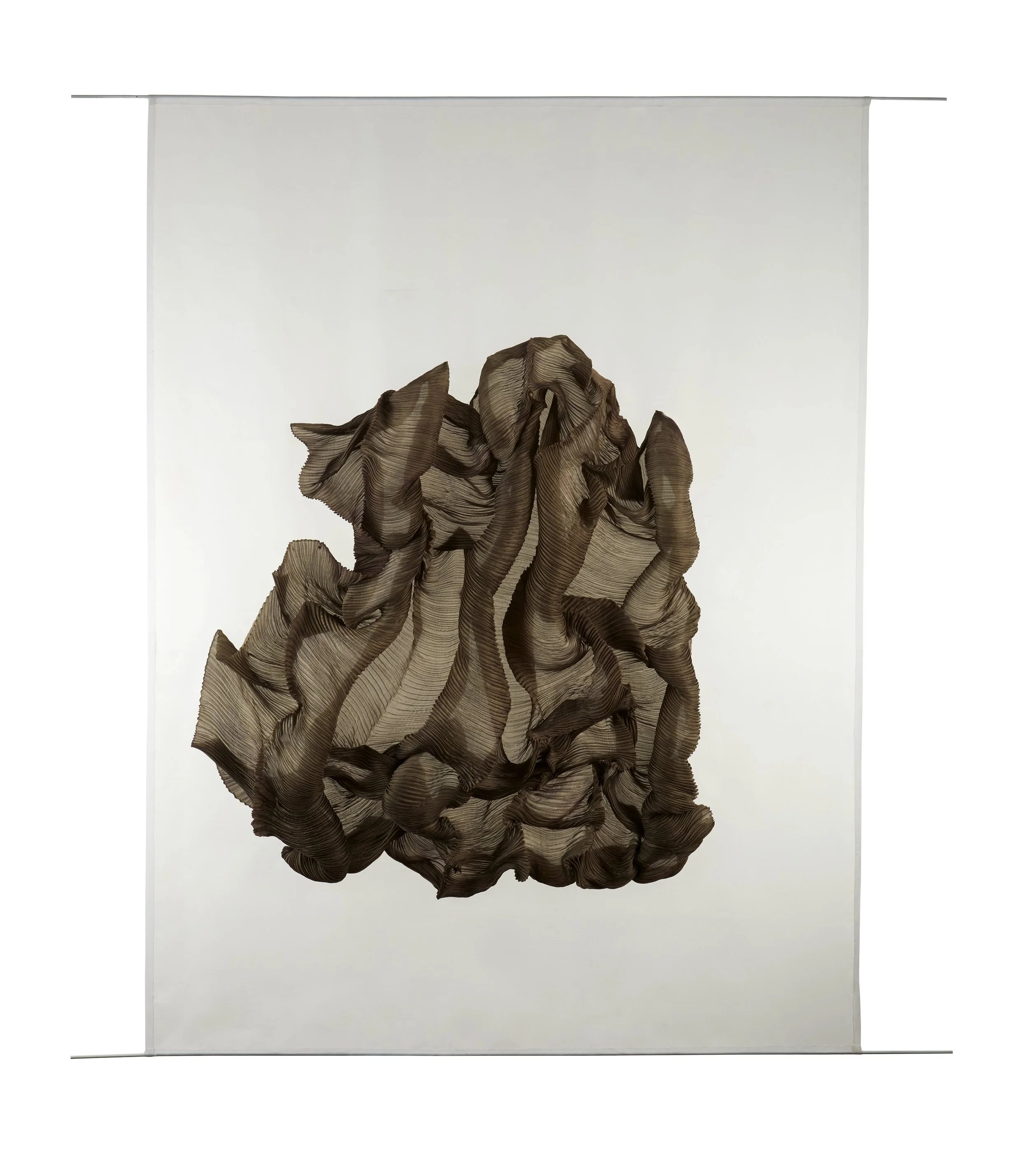 Artwork featuring a large, textured, brownish, abstract sculpture resembling a wrinkled piece of fabric or paper, suspended in front of a plain white background.