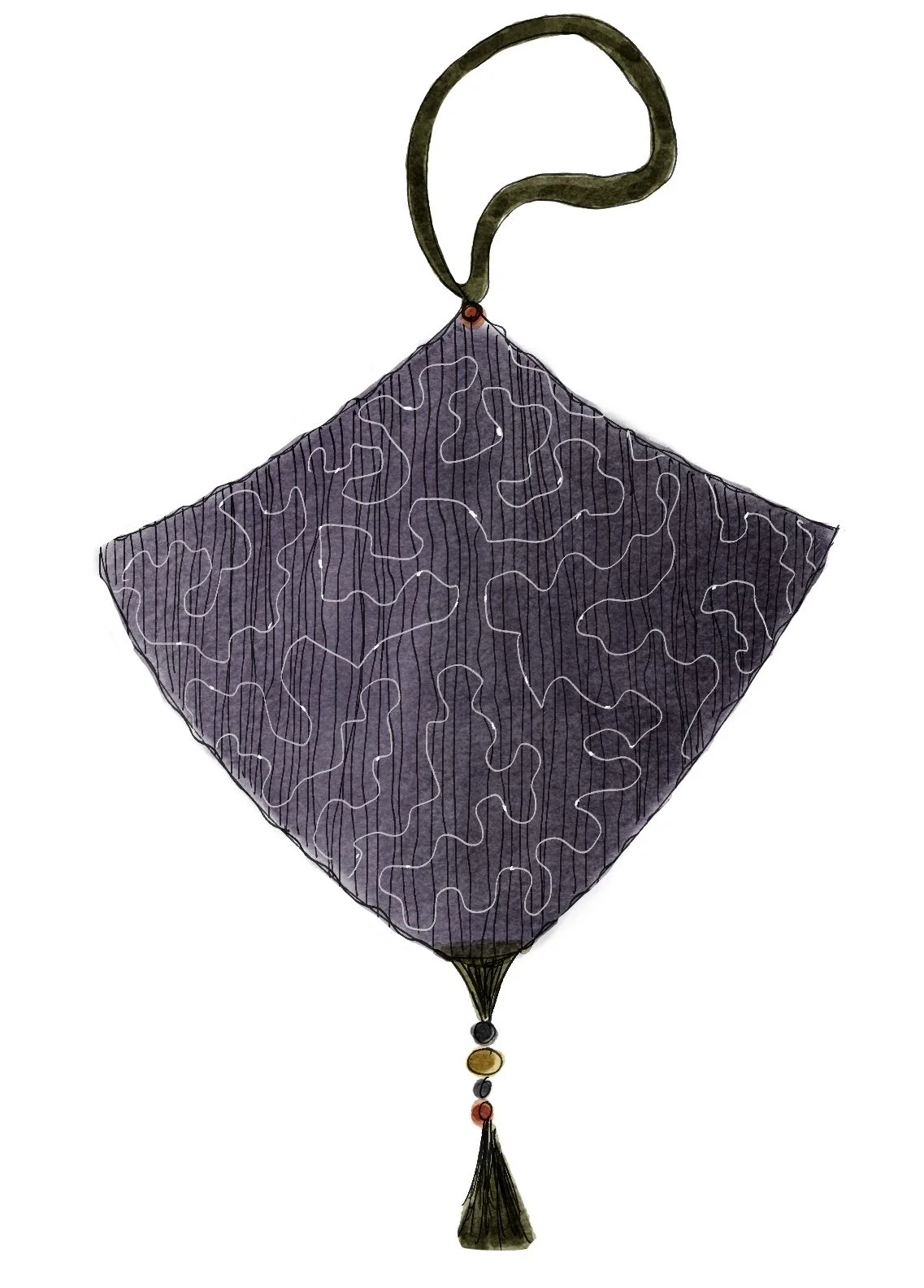 Illustration of a purple diamond-shaped kite with black vertical lines and white squiggly patterns, gold and black tail decorations at the bottom, and a green handle at the top.