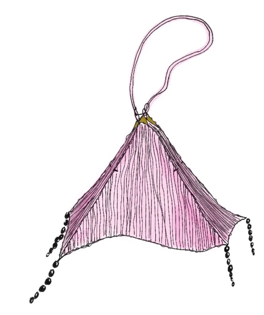 A hand-drawn illustration of a pink tent with black beads hanging from its sides. There is a looped pink cord at the top for support.