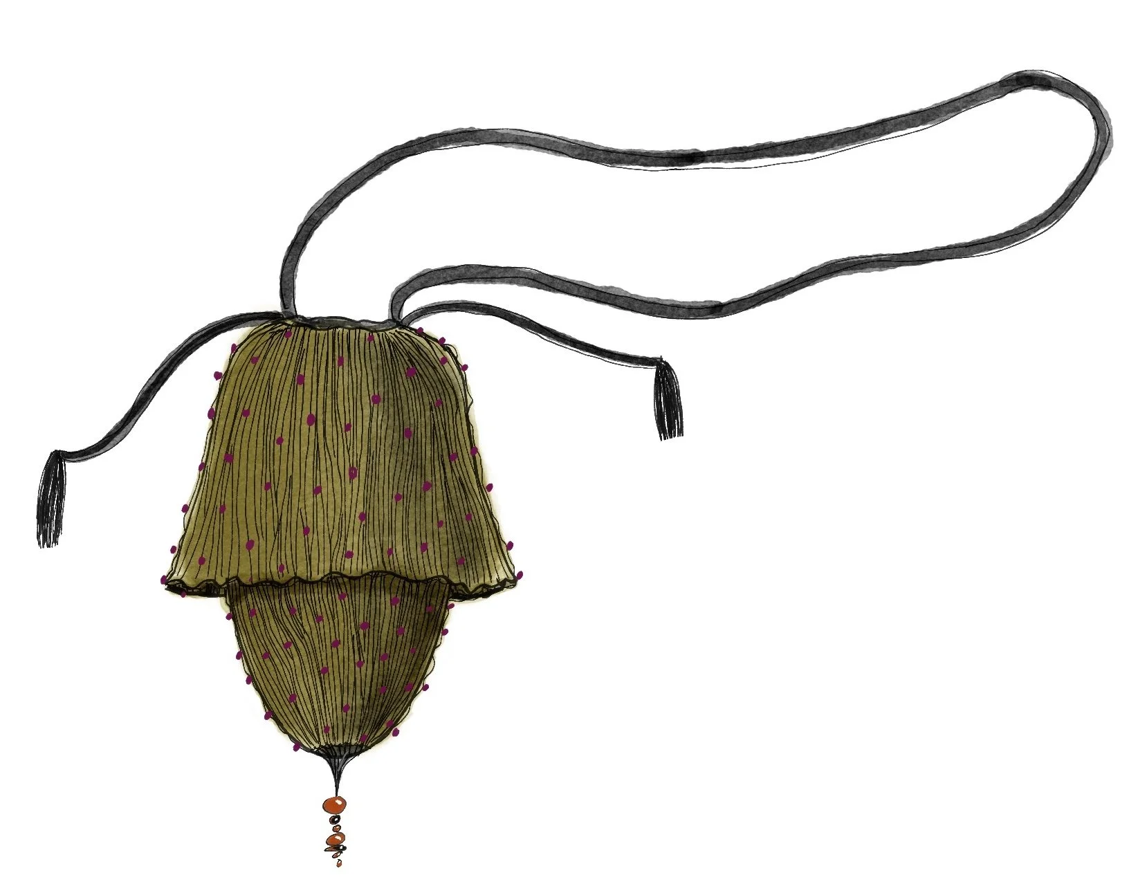 An illustration of a hanging lamp made of a basket with small purple dots and a string of beads at the bottom, hanging from a long, curved cord.