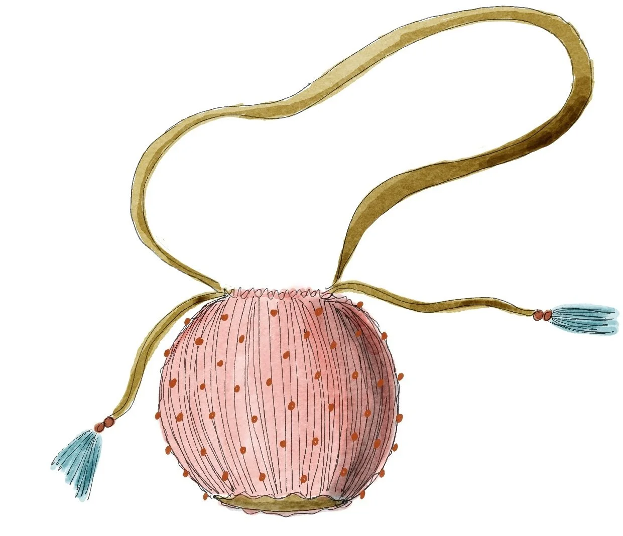 Hand-drawn illustration of a small pink pouch with orange dots, featuring a long, winding strap with blue tassels at each end.