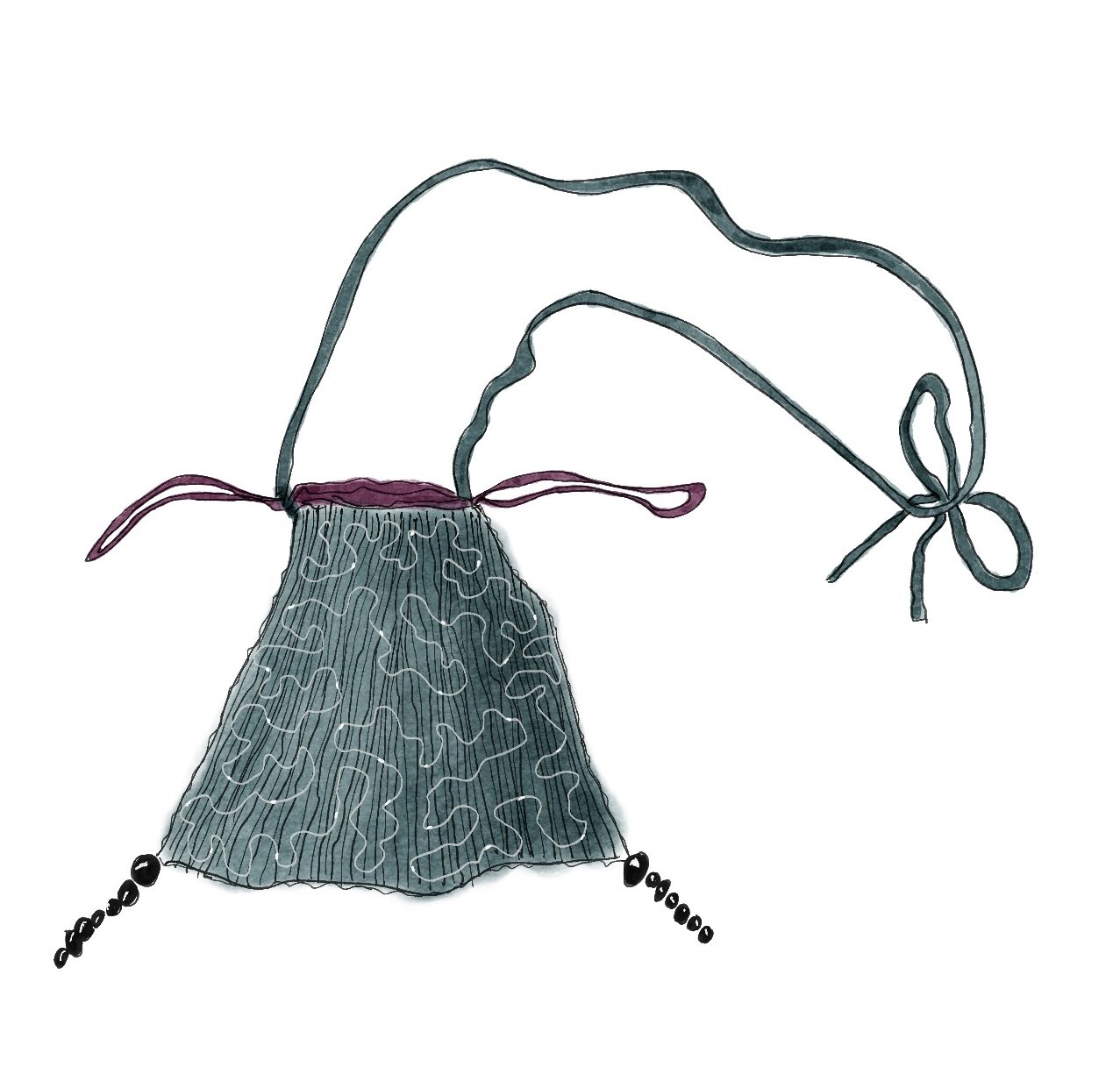 Line drawing of a cone-shaped object with a textured surface, tied with ribbons at the top, and two dotted lines with circles pointing downward.