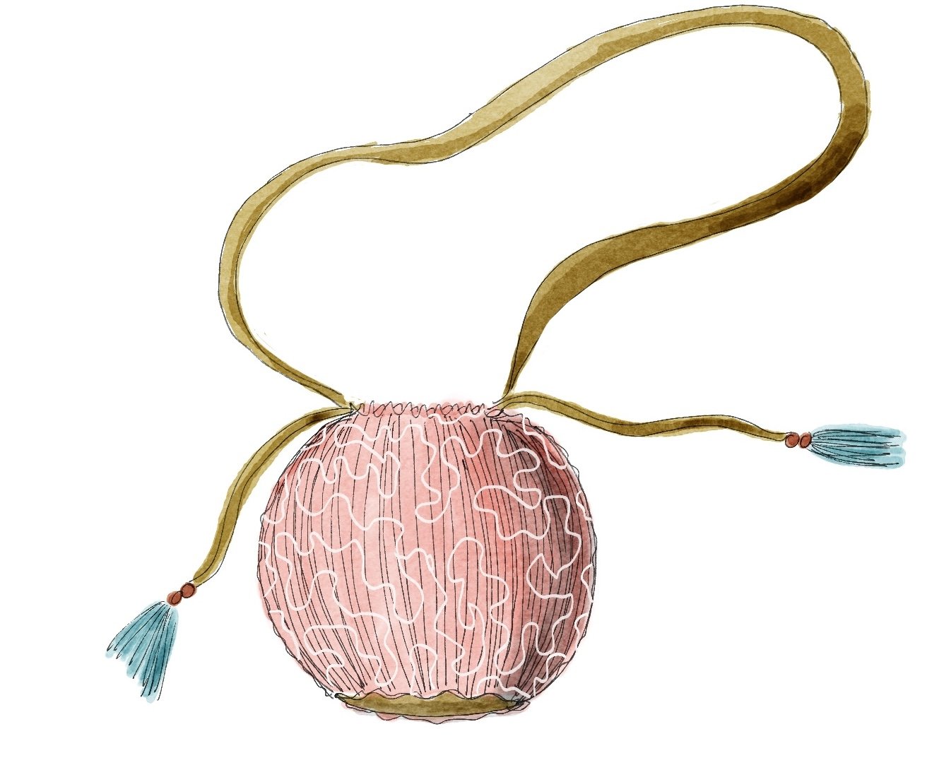 A digital illustration of a psychedelic mushroom with a pink, textured cap and long, brown stem with blue, tassel-like features at the end.