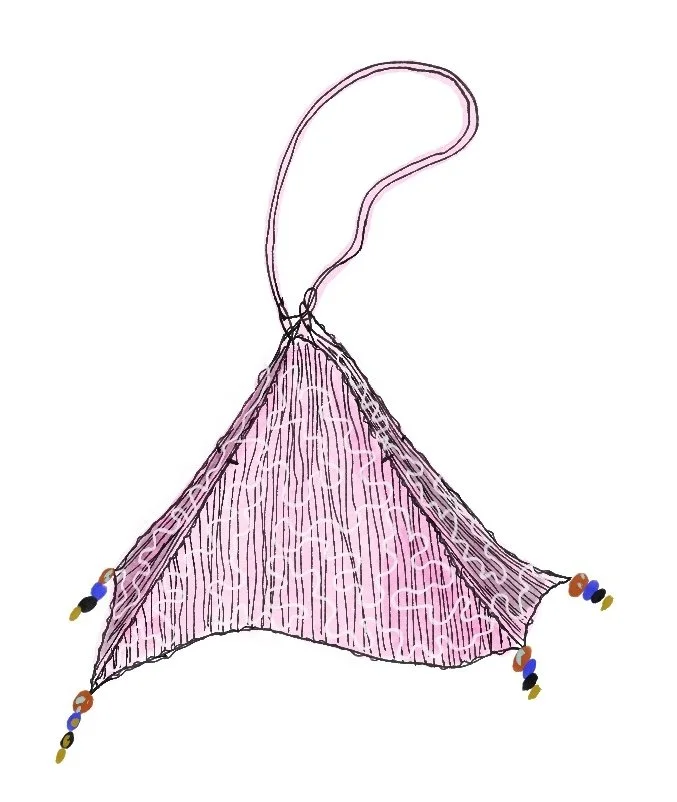 Hand-drawn pink camping tent with a looped wire handle at the top and small colorful stones at each corner.