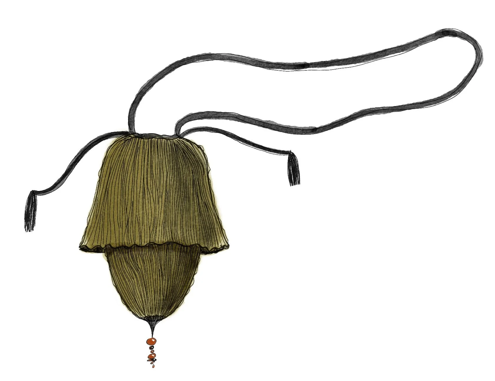Illustration of a beige and brown seed or pod with a black and orange beaded tassel hanging from its bottom and black cords attached to the top, set against a plain white background.