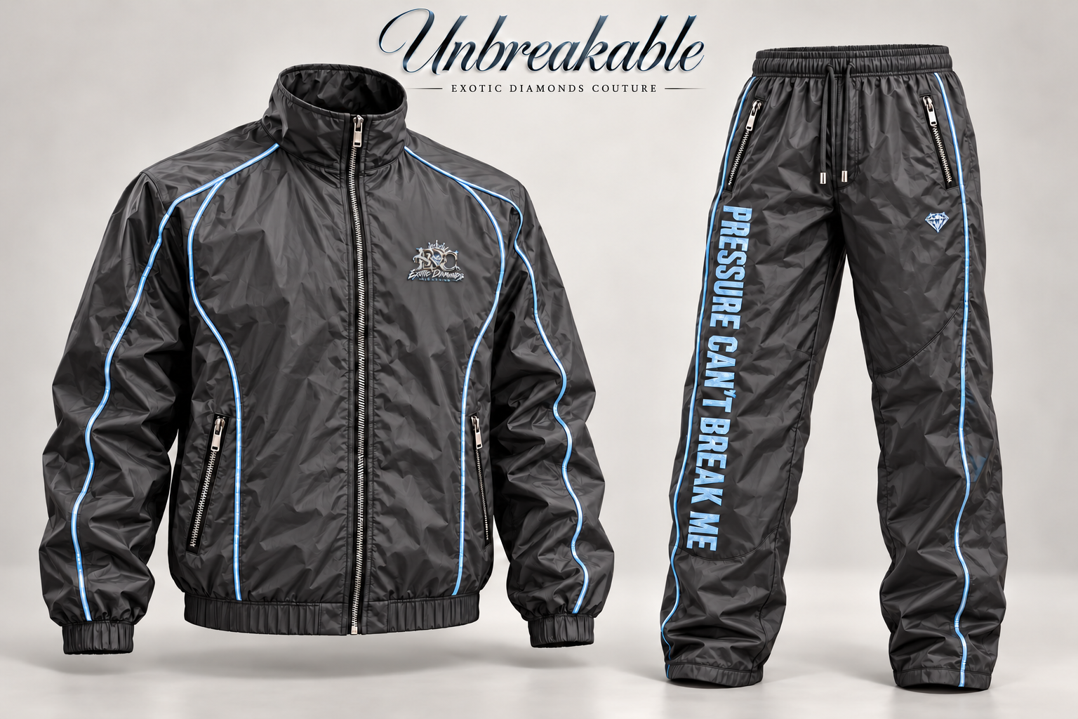 Coming soon: Unbreakable black windbreaker tracksuit with blue trim and smaller chest and leg logos