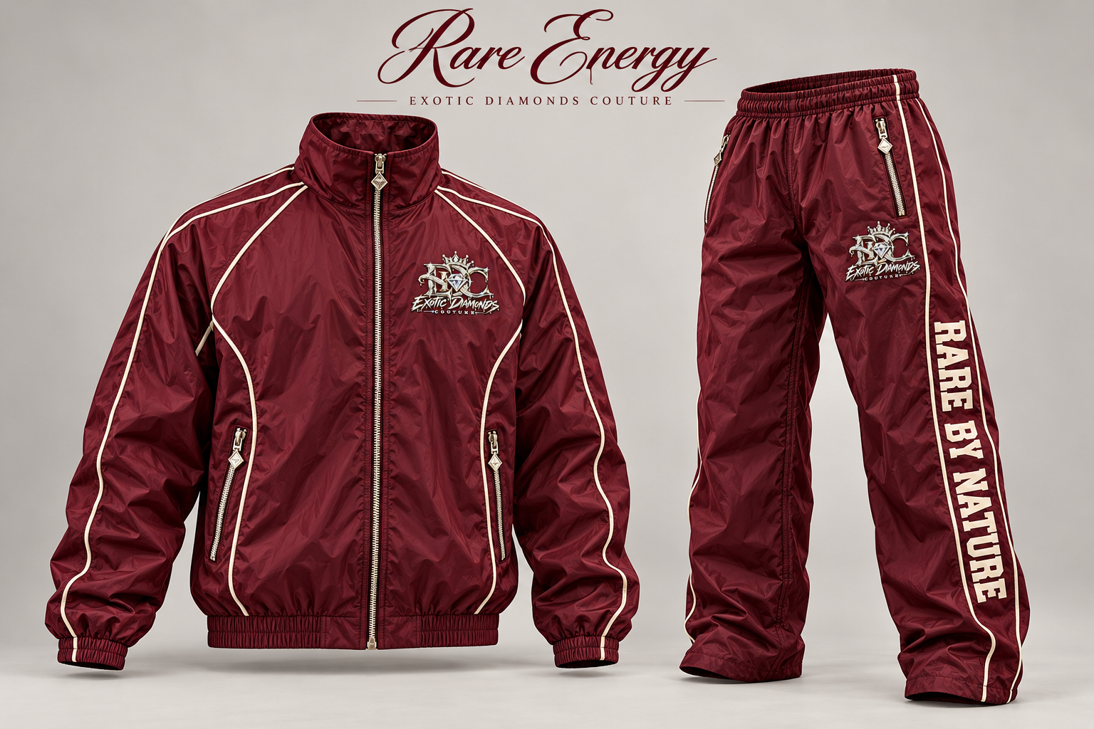 Coming soon: Rare Energy burgundy Exotic Diamonds Couture tracksuit concept