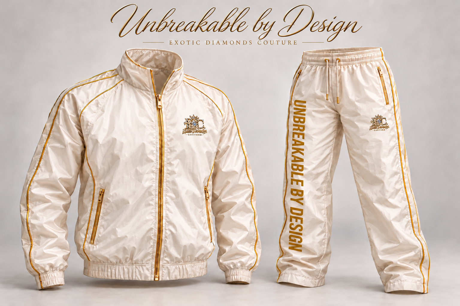 Coming soon: Unbreakable by Design cream and gold Exotic Diamonds Couture windbreaker tracksuit with smaller chest and pants logos