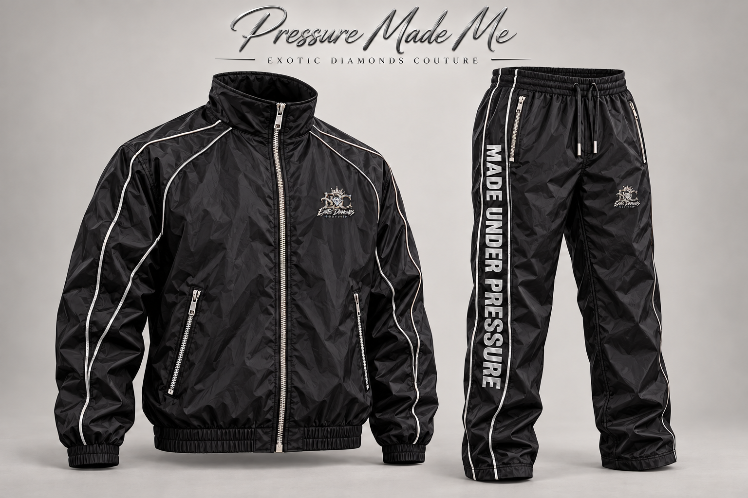 Coming soon: Made Under Pressure black and silver tracksuit with smaller chest and leg logos