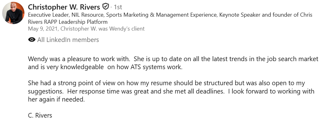 LinkedIn recommendation or endorsement for Wendy, praising her knowledge of job search trends and ATS systems, and describing a positive working experience with her.