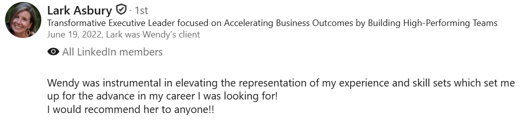 LinkedIn recommendation post from Lark Asbury praising Wendy for her instrumental role in enhancing her experience and skills, with a note that Lark was Wendy's client in 2022.