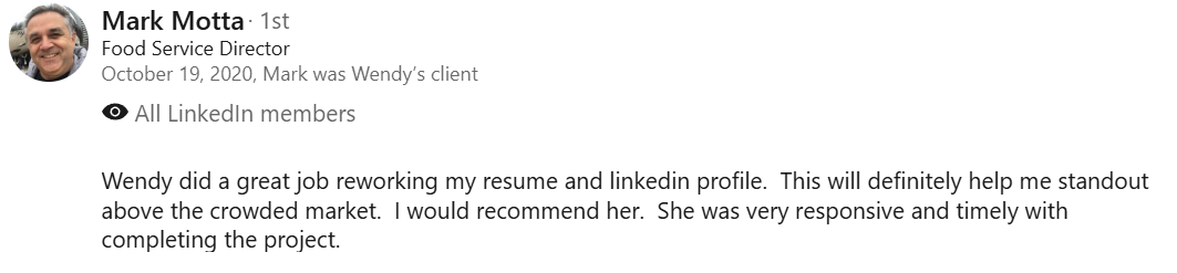 LinkedIn profile post by Mark Motta, Food Service Director, praising Wendy for helping him with his resume and LinkedIn profile.