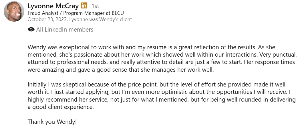 Screenshot of a LinkedIn recommendation for Wendy, praising her professionalism and work ethic, written by Lyvonne McCray.