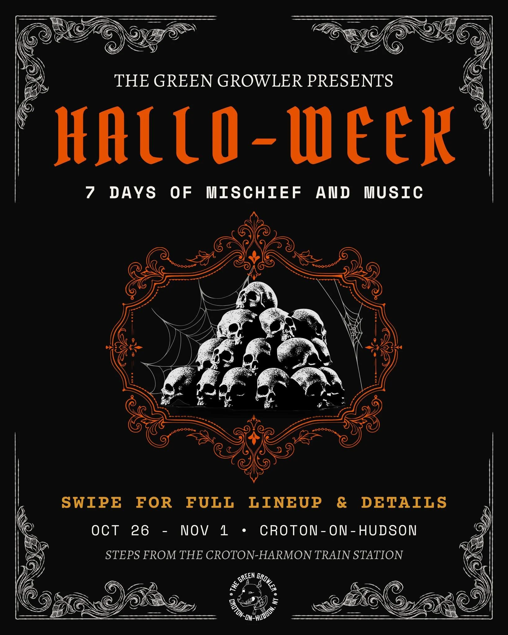 Halloween week at The Green Growler is officially locked in, and we are not holding back! 👻✨

From October 26th to November 1st, we have 7 straight days of mischief, music, and killer drink specials. 

Swipe through to see the full lineup and get th