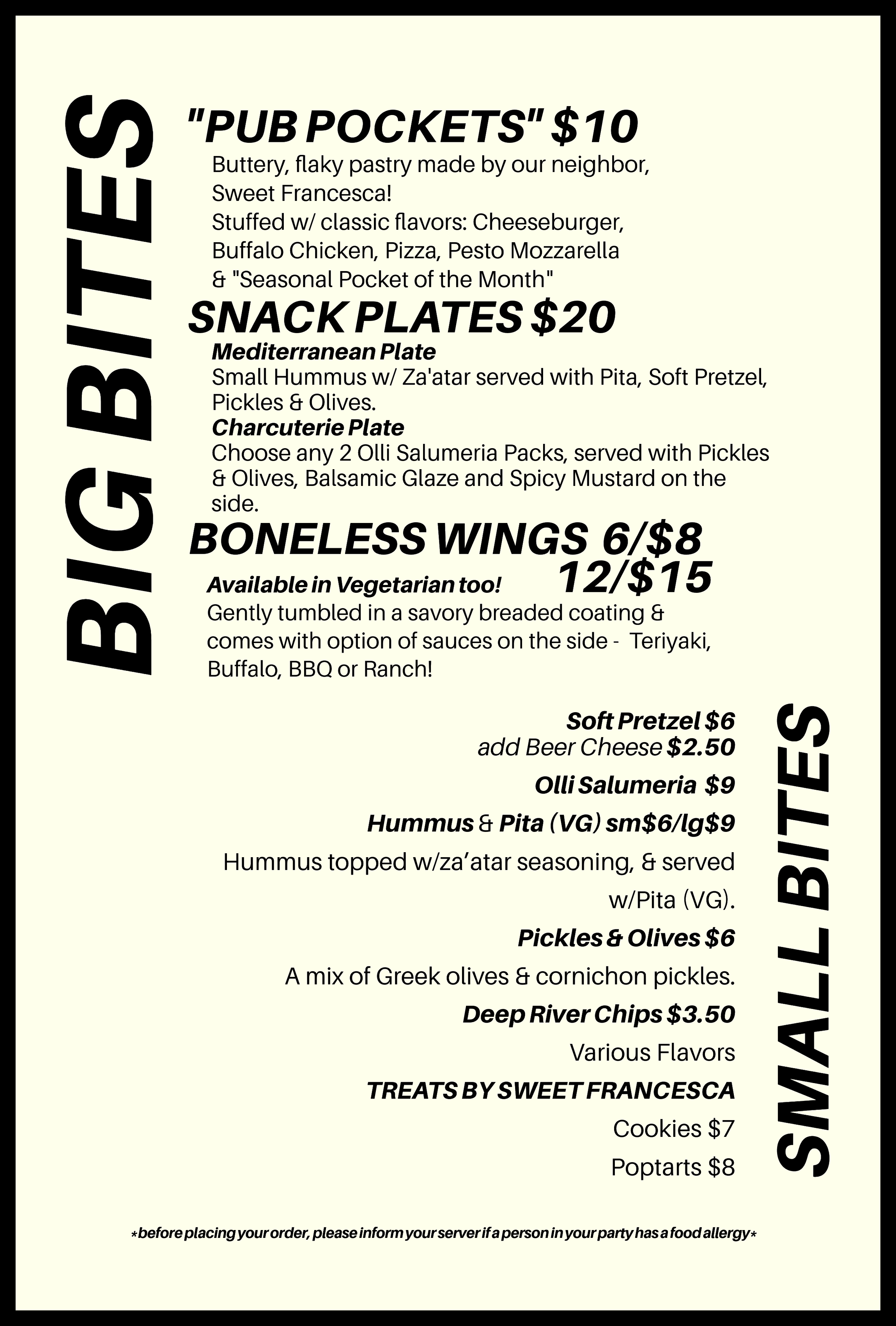 Menu listing various food options including pub pockets, snack plates, boneless wings, and treats, with descriptions and prices.