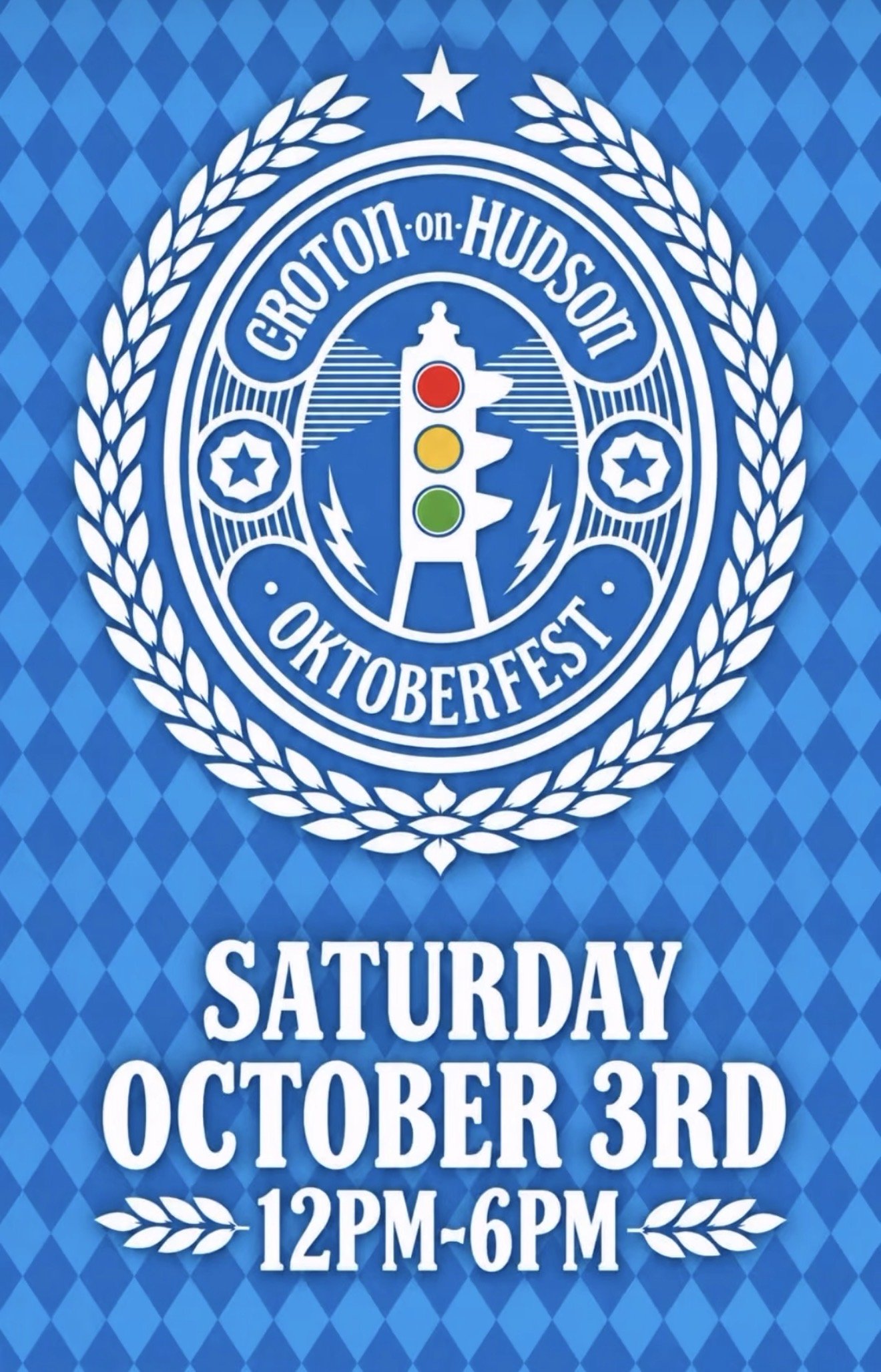 A poster for an Oktoberfest event, featuring a blue background with a diamond pattern, a white circular emblem with a traffic light illustration, and the date October 3rd from 12PM to 6PM.