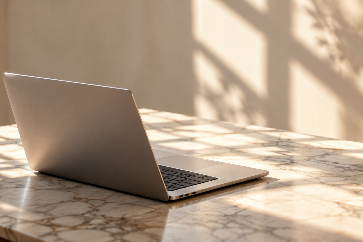 Minimal laptop on a marble desk with warm natural light and plant shadows.