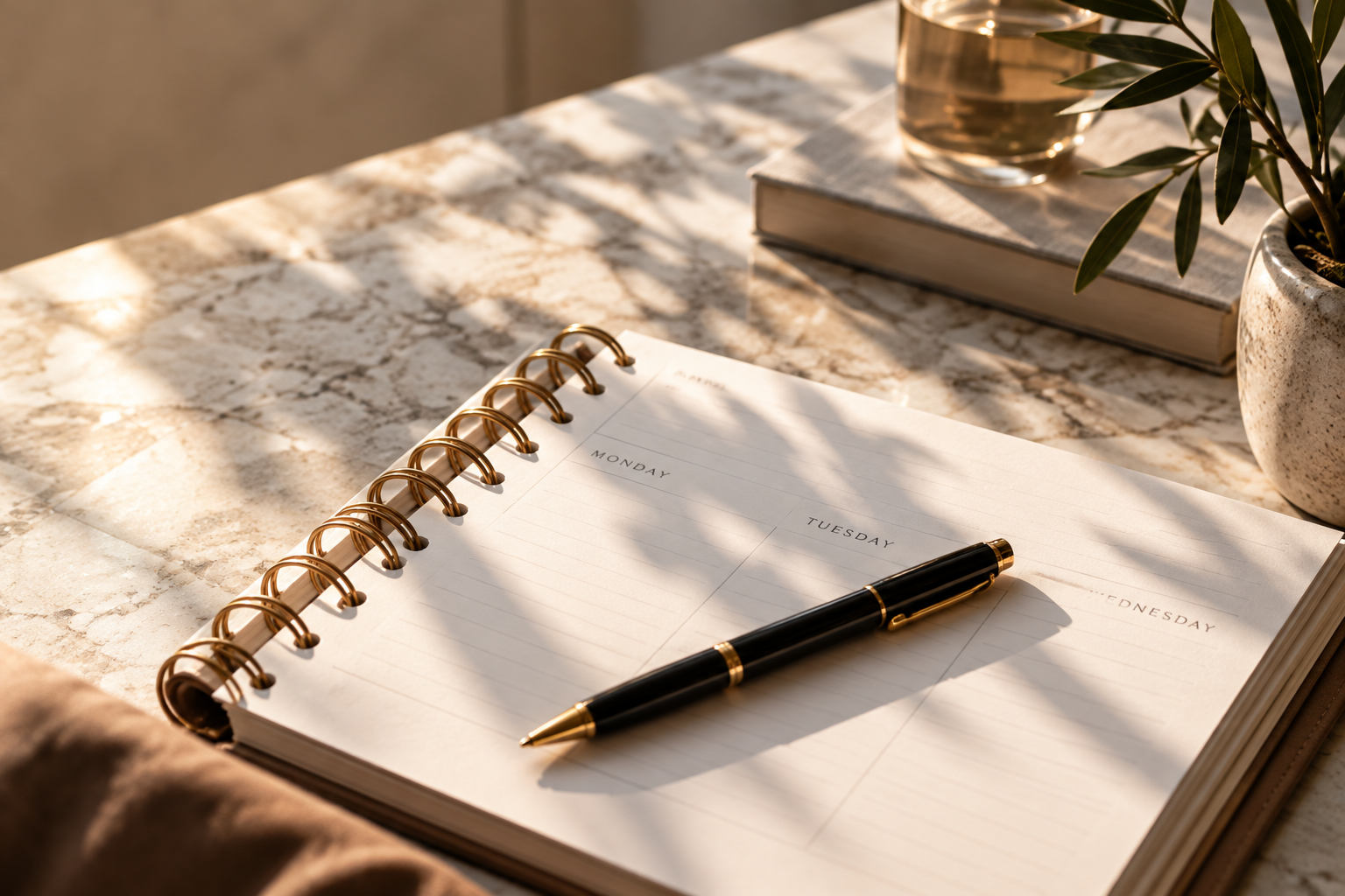 Open planner and black pen on a sunlit marble desk.